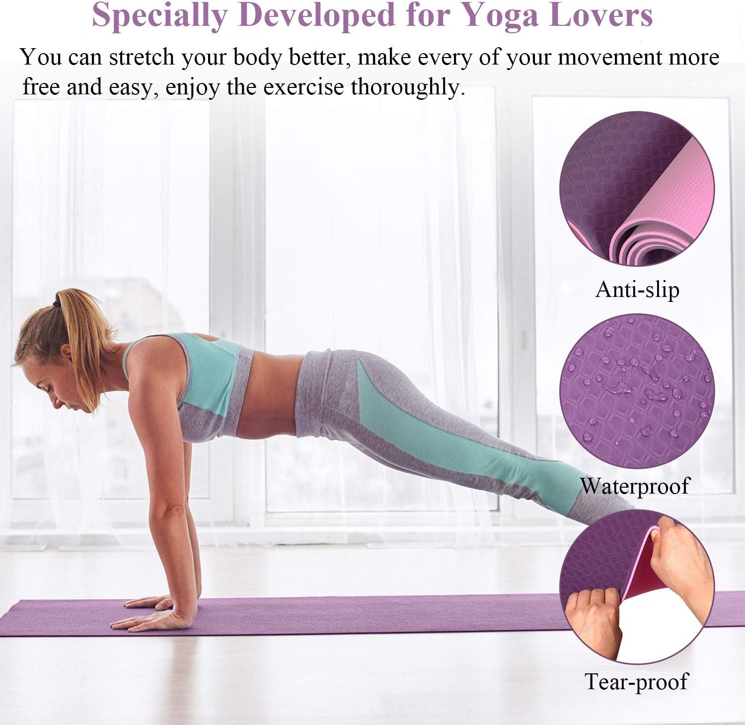 Non-Slip Yoga Mat with Thickness for Fitness Exercises, Comes with Easy-Cinch Yoga Mat Carrier Strap - Suitable for Home Gym Workouts 