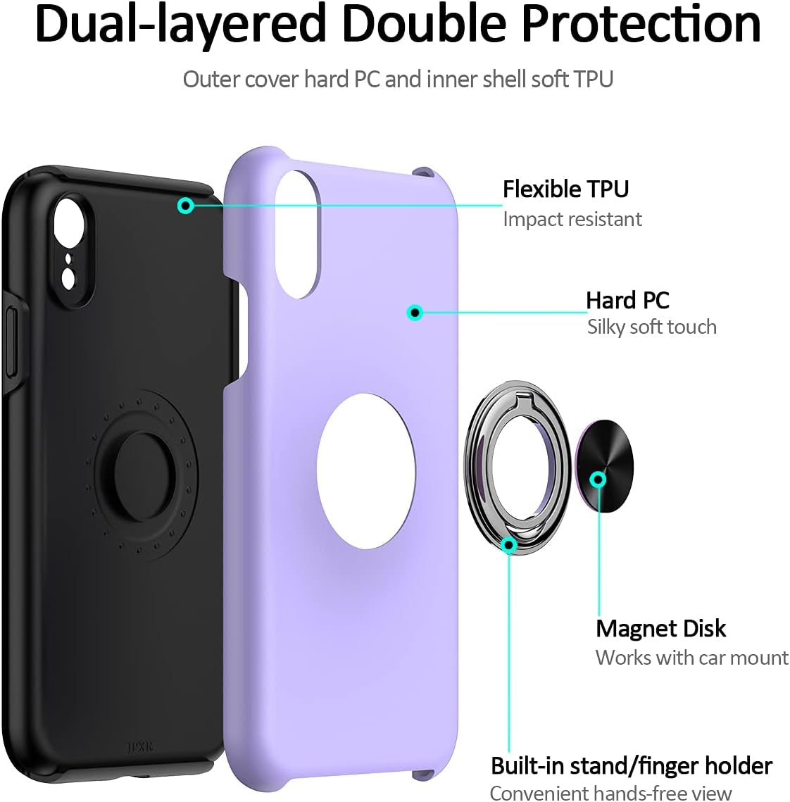 iPhone XR Case with Screen Protector, Purple, Dual Layer Heavy Duty Protective Shockproof Cover with Built-in Ring Holder Kickstand Magnetic Slim Case.