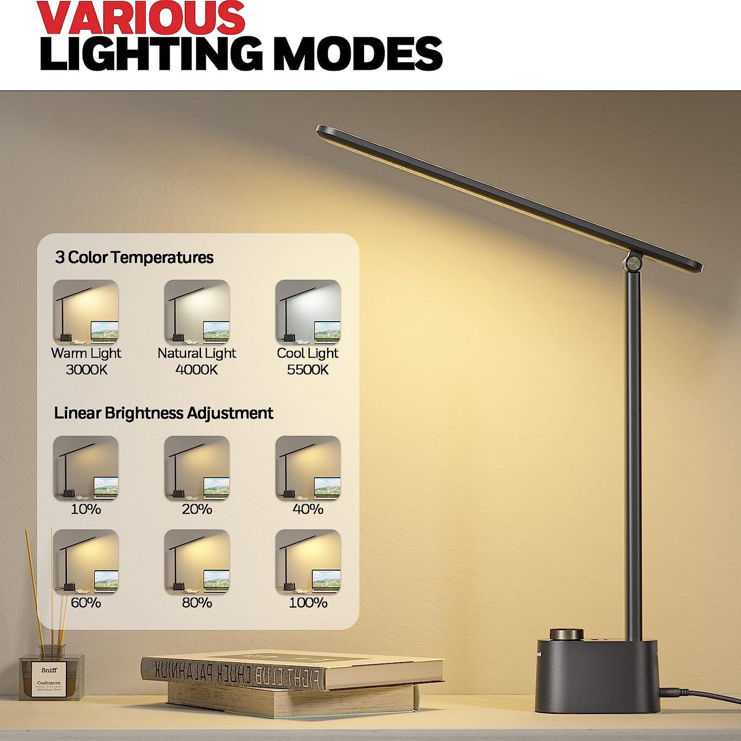 Dimmable LED Desk Lamp with USB A+C Dual Charging Port and Eye-Caring Foldable Design - 3 Color Modes for Home Office Bedroom Reading Study Work (Black)