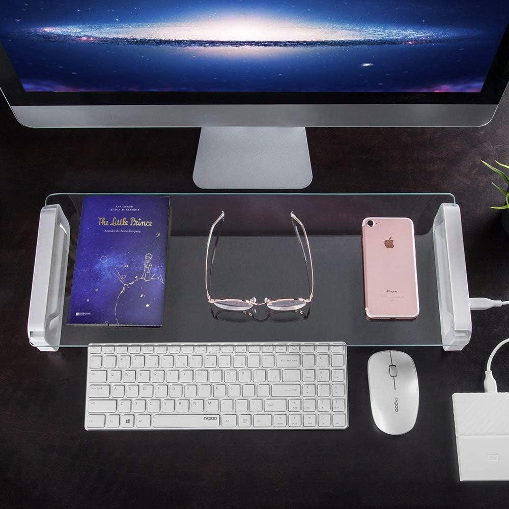 Tempered Glass Monitor Stand Riser with Built-in 4-Port USB 3.0 Hub - Enhances Desk Space, Offers Quick Charge and High-Speed Data Transfer at 5Gbps, Includes USB Cable; Suitable for Laptops, PCs, MacBooks, and More, in a Sleek White Design