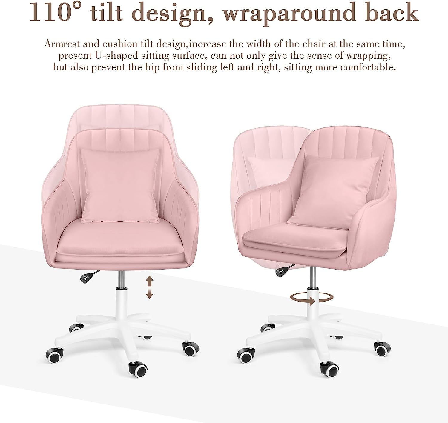 Upholstered Modern Tufted Computer Chair -  Office Chairs, Task Chair Swivel Height Adjustable Velvet Accent Chair with Wheels for Living Room Bedroom (Modern, Pink)