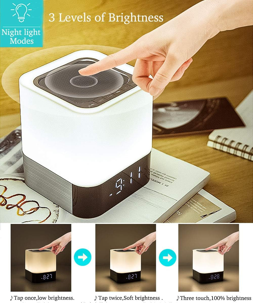 Night Lights Bluetooth Speaker: Combines an Alarm Clock, Wireless Bluetooth Speakers, and Touch Sensor Bedside Lamp. Enjoy Color Changing Night Lights for Kids, Mp3 Music Player, Speakerphone, and Supported Functions like TF Card and Aux-In.