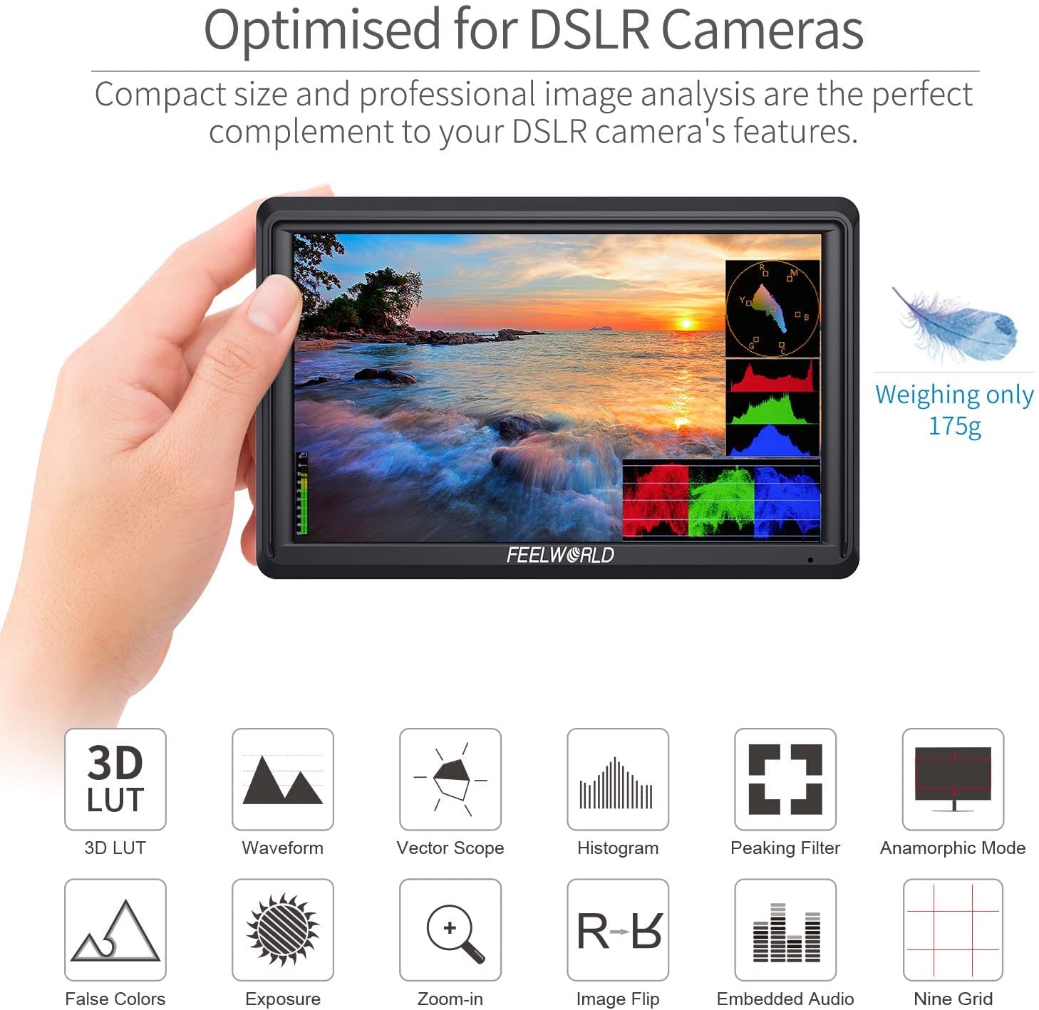 6-Inch DSLR Camera Field Monitor FW568 V3 with Waveform, LUTs, Video Peaking, and Focus Assist - Full HD IPS Display (1920x1080), 4K HDMI Input/Output, 8.4V DC Power Support, Includes Tilt Arm