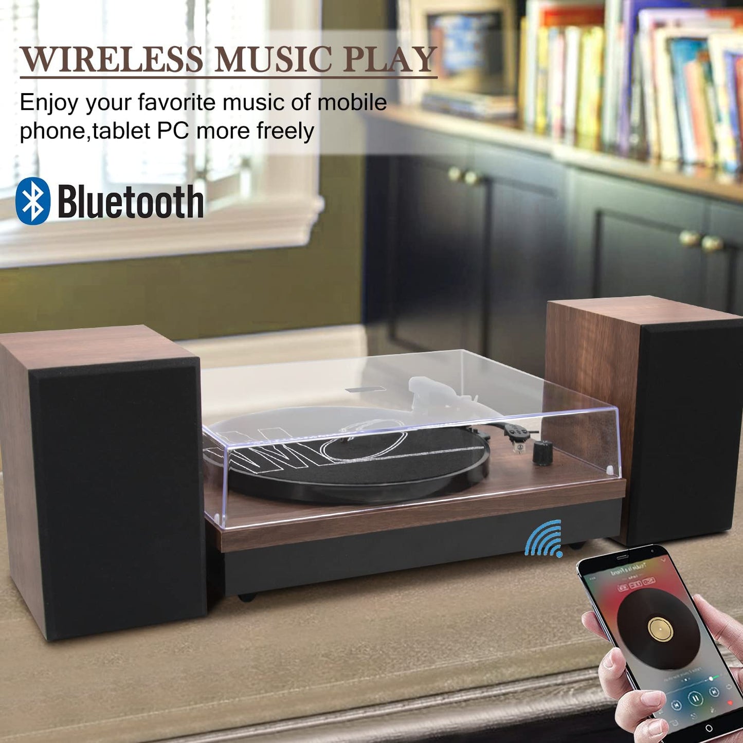 Wireless Turntable HiFi System with Bookshelf Speakers - This 2-Speed Belt-Drive Turntable for Vinyl Records offers Wireless Playback and Auto-Stop feature. It comes in a Walnut finish.