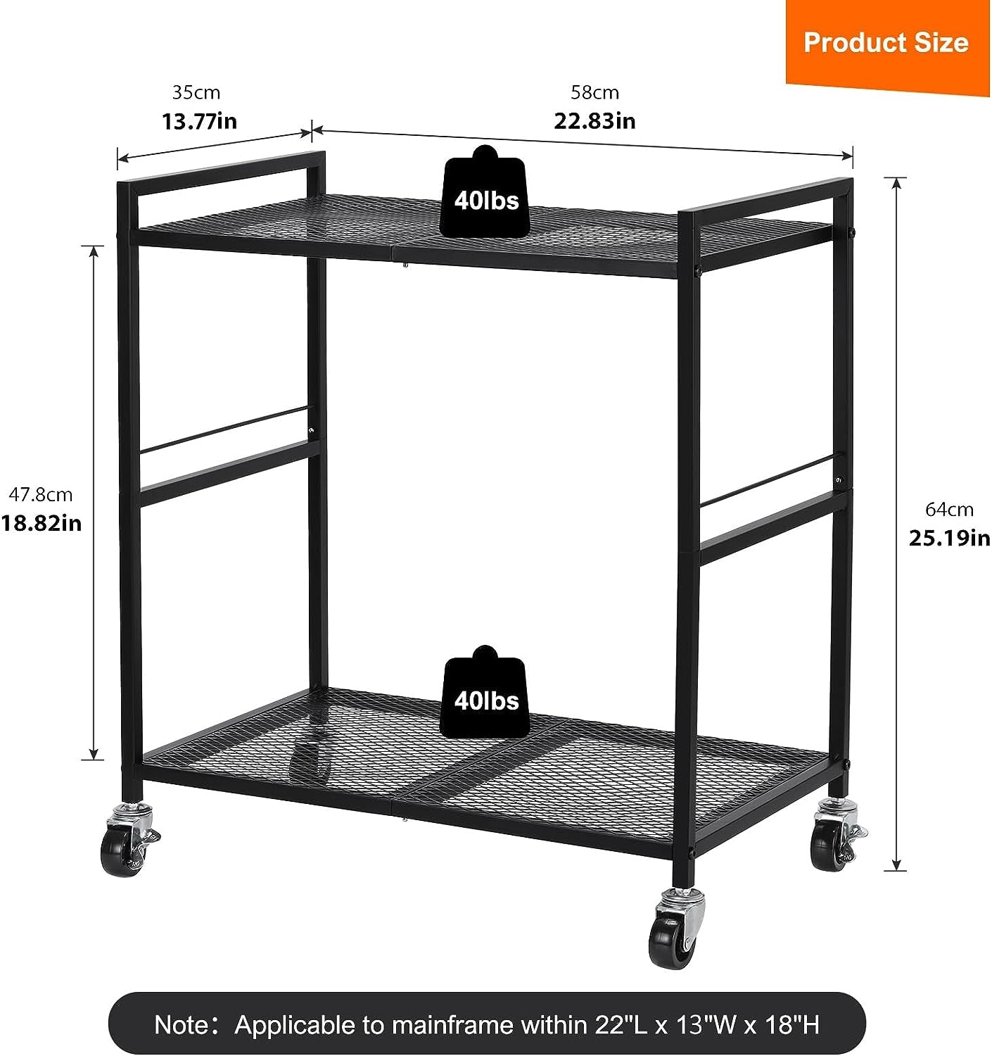 Mobile Computer Tower Stand with Caster Wheels - Metal 2 Tier Rolling Cart for PC Tower, Printer, and Fax - Ideal for Home Office Use - Black