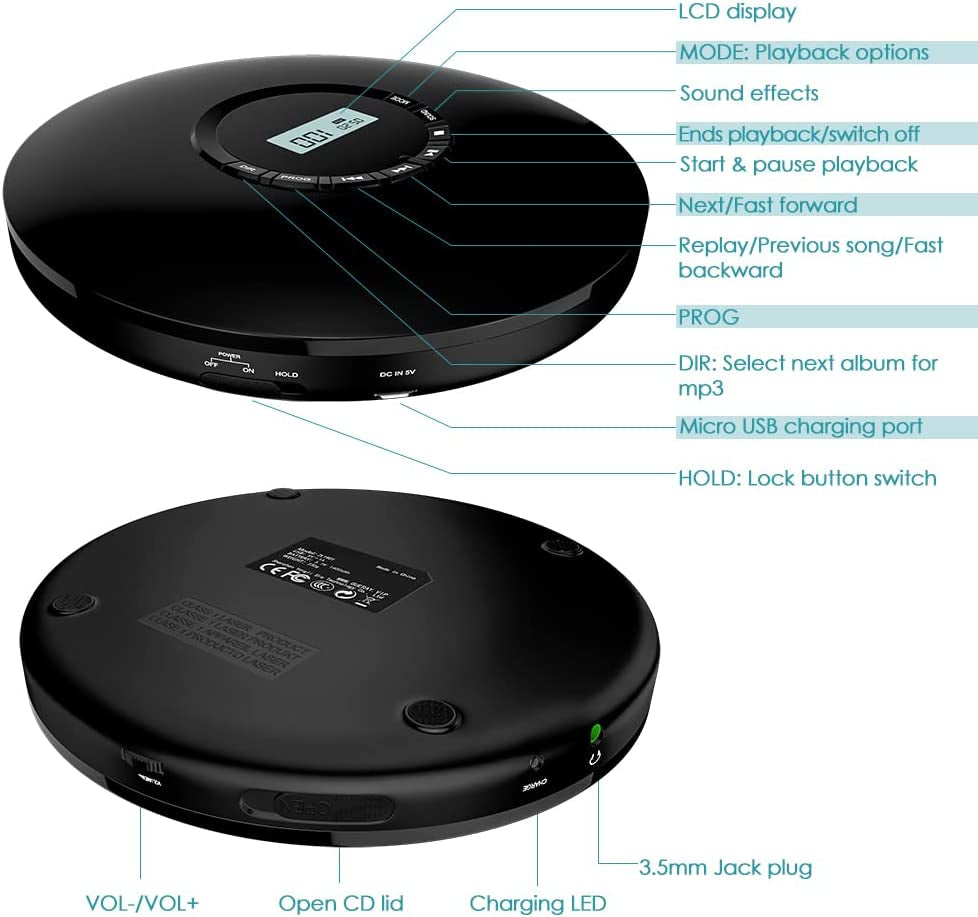 Portable Rechargeable CD Player - Gueray CD Walkman with 1400mAh Battery, Headphones Jack, and LCD Display. Comes with a USB Supply for CD Music Disc Playback.