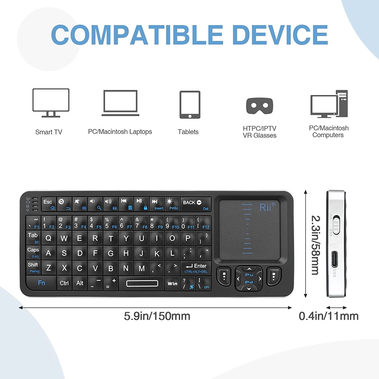  Mini Bluetooth Keyboard with Backlit Wireless and IR Learning TV Remote - Portable and Lightweight, Compatible with Android TV Box, Mac, Laptop, and Windows - Includes Touchpad