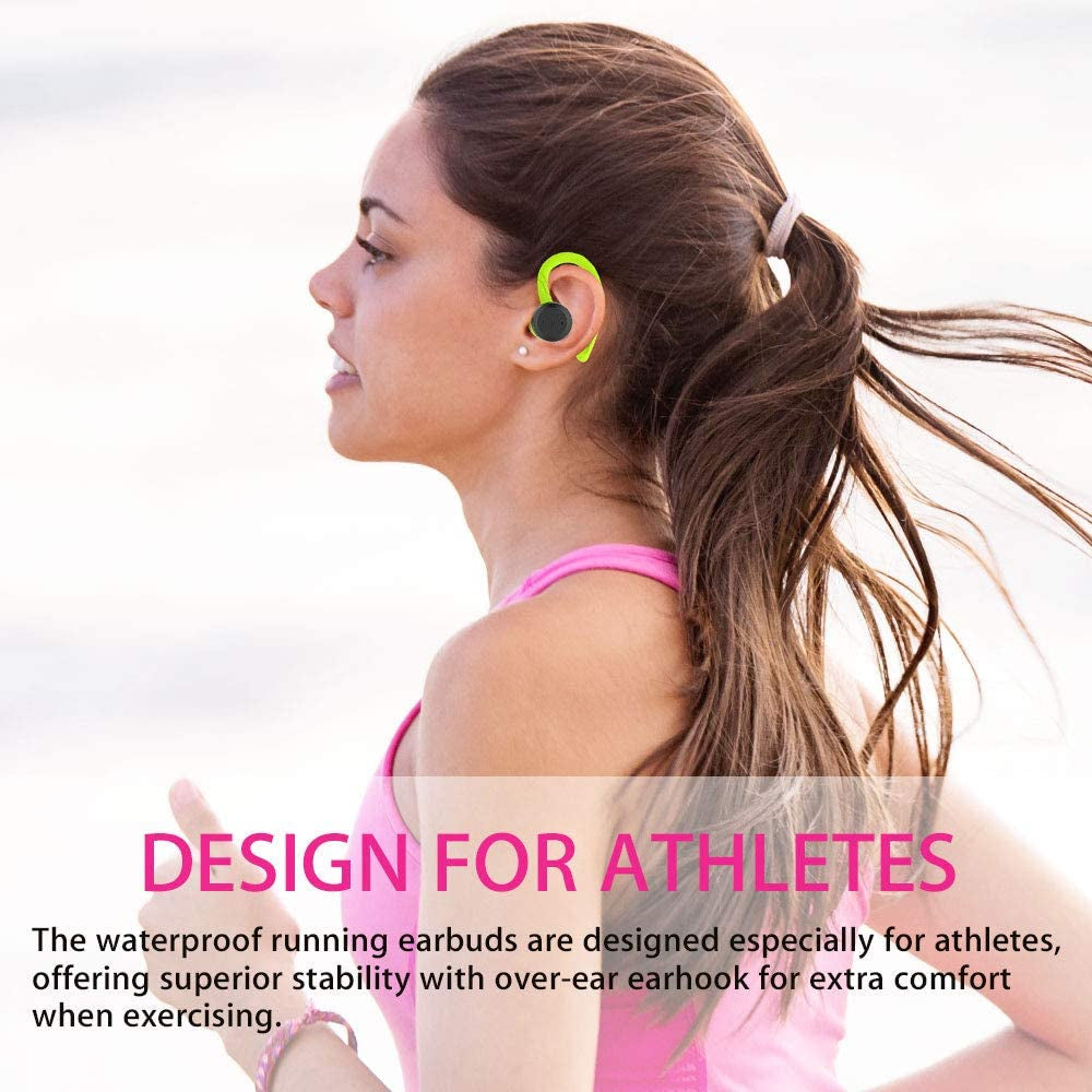 Wireless Bluetooth Sport Earbuds - IPX7 Waterproof, Earhook Design, Stereo Sound, Built-in Mic, Portable Charging Case (Black)