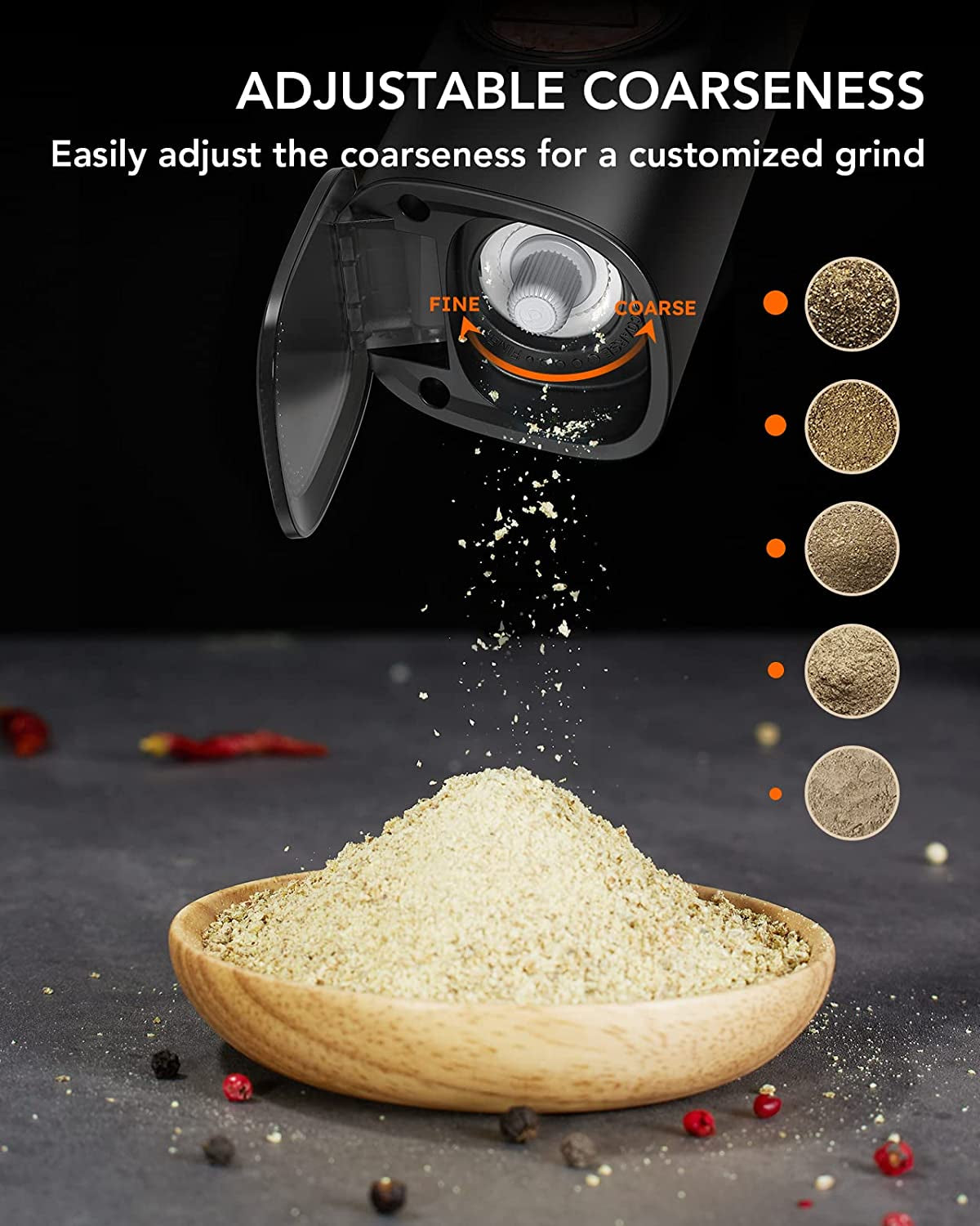 Rechargeable Salt and Pepper Grinder Set with Charging Base - Automatic Electric Pepper Mill, Adjustable Coarseness, Auto Dust Lids, LED Light, USB Type-C Cable - One-Handed Operation - Set of 2