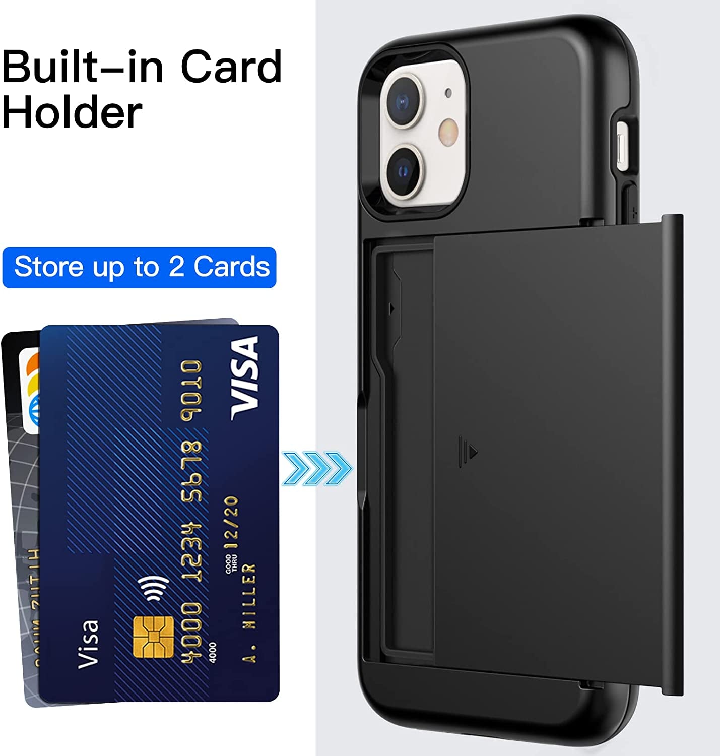 Wallet Case for iPhone 12/12 Pro (6.1-Inch) with Card Holder, Dual Layer Shockproof Protective Phone Cover, Sliding Hidden Slot, available in Black.