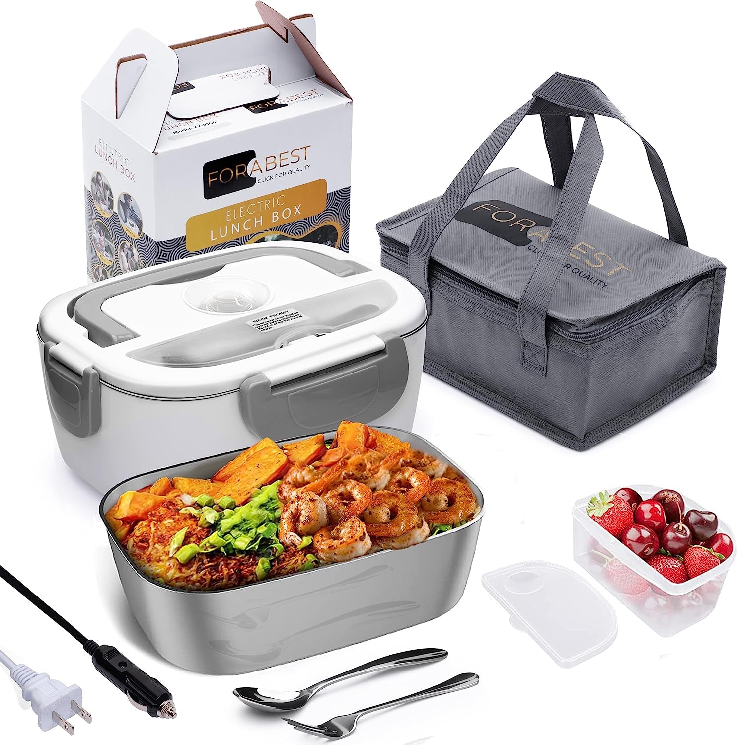  Electric Lunch Box Food Heater - Portable 2-in-1 Food Warmer for Car & Home - Leak Proof, 2 Compartments, Removable Stainless Steel Container, Fork & Spoon, and Carry Bag (Grey)