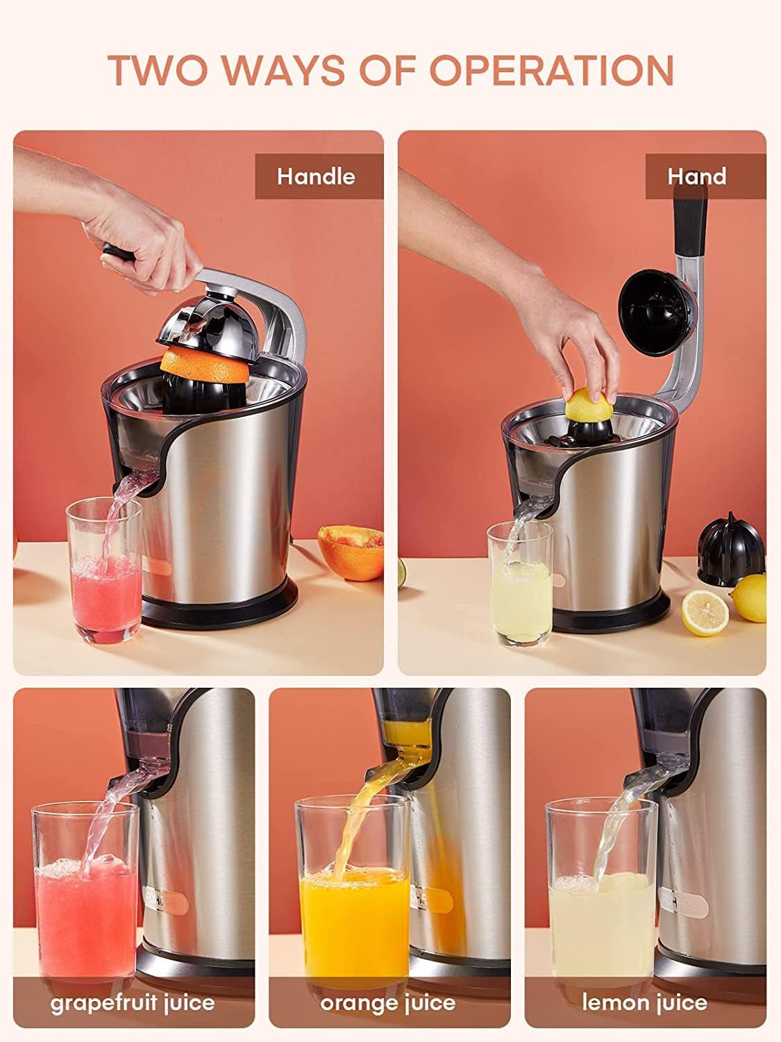Compact Stainless Steel Electric Citrus Juicer - Citrus Press Juicer Squeezer with 2 Size Cones, Humanized Handle, Ideal for Oranges, Lemons, Grapefruits, and Limes.