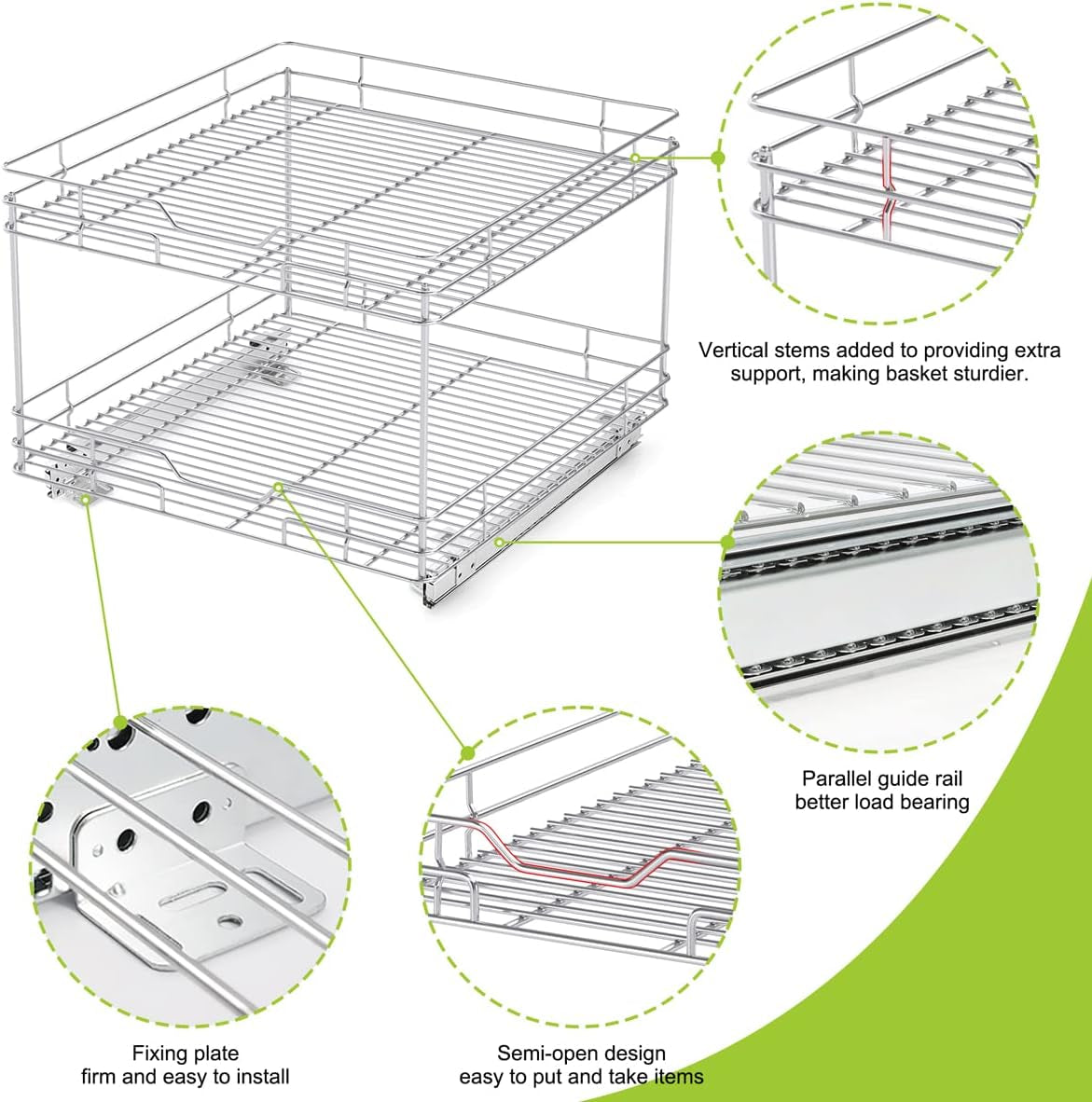 Bonadom 2 Tier Pull Out Cabinet Drawer Organizer –Heavy Duty Slide Out Kitchen Cabinet Storage Shelves -21''Dx20''W - Requires at Least a 20” Cabinet Opening, Wire Frame, Chrome Finish