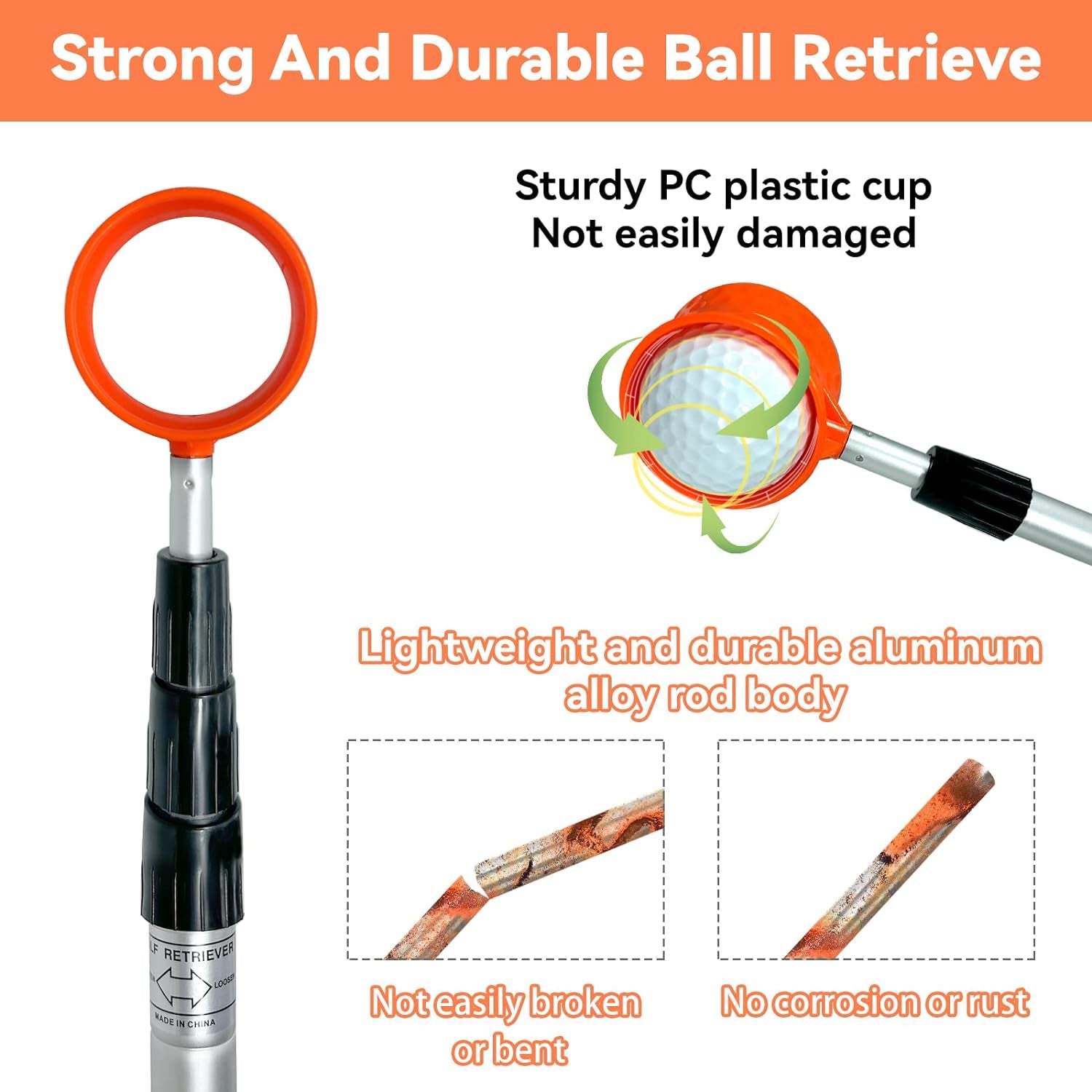 Telescopic Golf Ball Retriever - Portable Stainless/Aluminum Alloy Tool for Water, with Putter Attachment - Available in 7/9/12/15Ft Lengths
