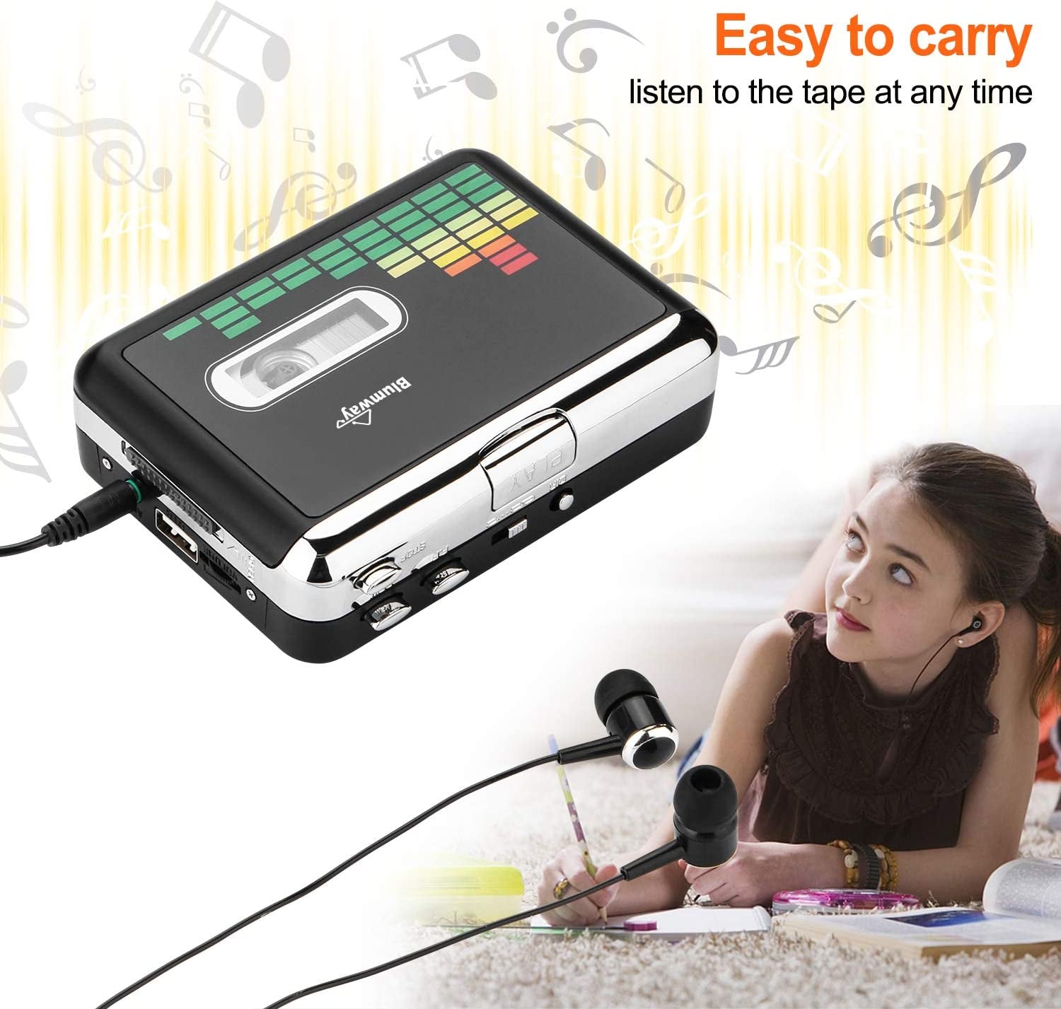 Portable Walkman-Style USB Cassette to MP3 Converter - Transform Your Audio Music Cassette Tapes to Digital Format with Included Earphones, No Computer Required