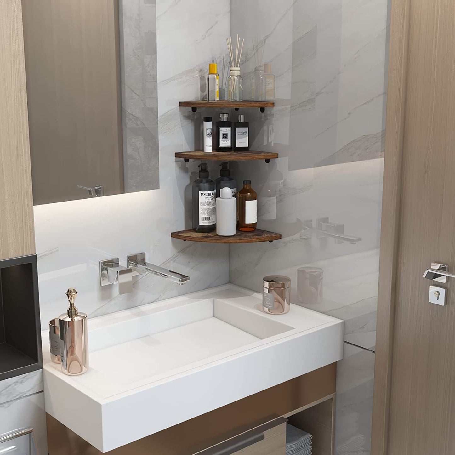 Set of 6 Floating Corner Shelves - Rustic Wood Design - Ideal for Bedroom, Living Room, Bathroom, and Kitchen - Adds Decorative and Functional Space to Corners.