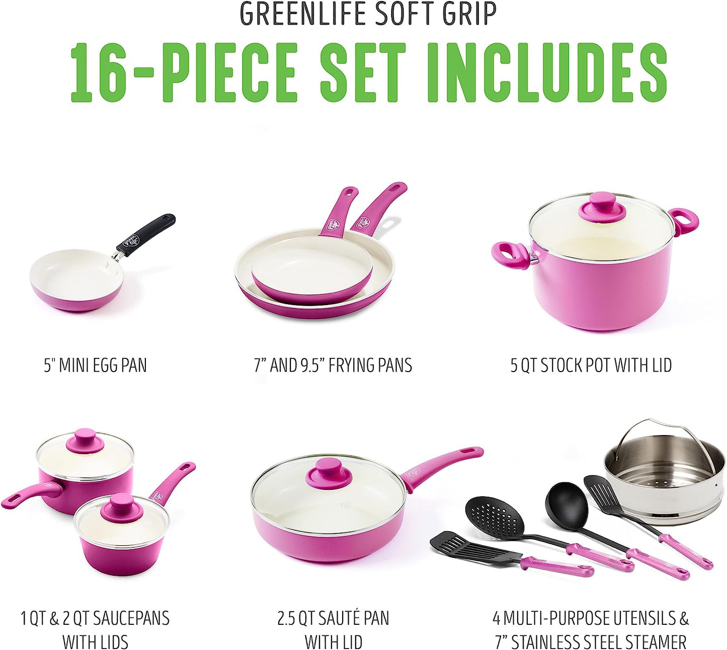 Soft Grip Ceramic Nonstick 16-Piece Kitchen Cookware Set, PFAS-Free, Dishwasher Safe, Bright Pink