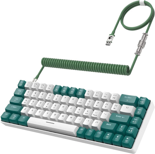 RK-T8 Wired 65% Mechanical Gaming Keyboard - TKL Mini with RGB LED Backlighting, Anti-Ghosting, and Custom Coiled USB-C Cable. Features Tactile Blue Switch for PS4, PS5, Xbox, PC, Mac Gamers. Available in Green/White.