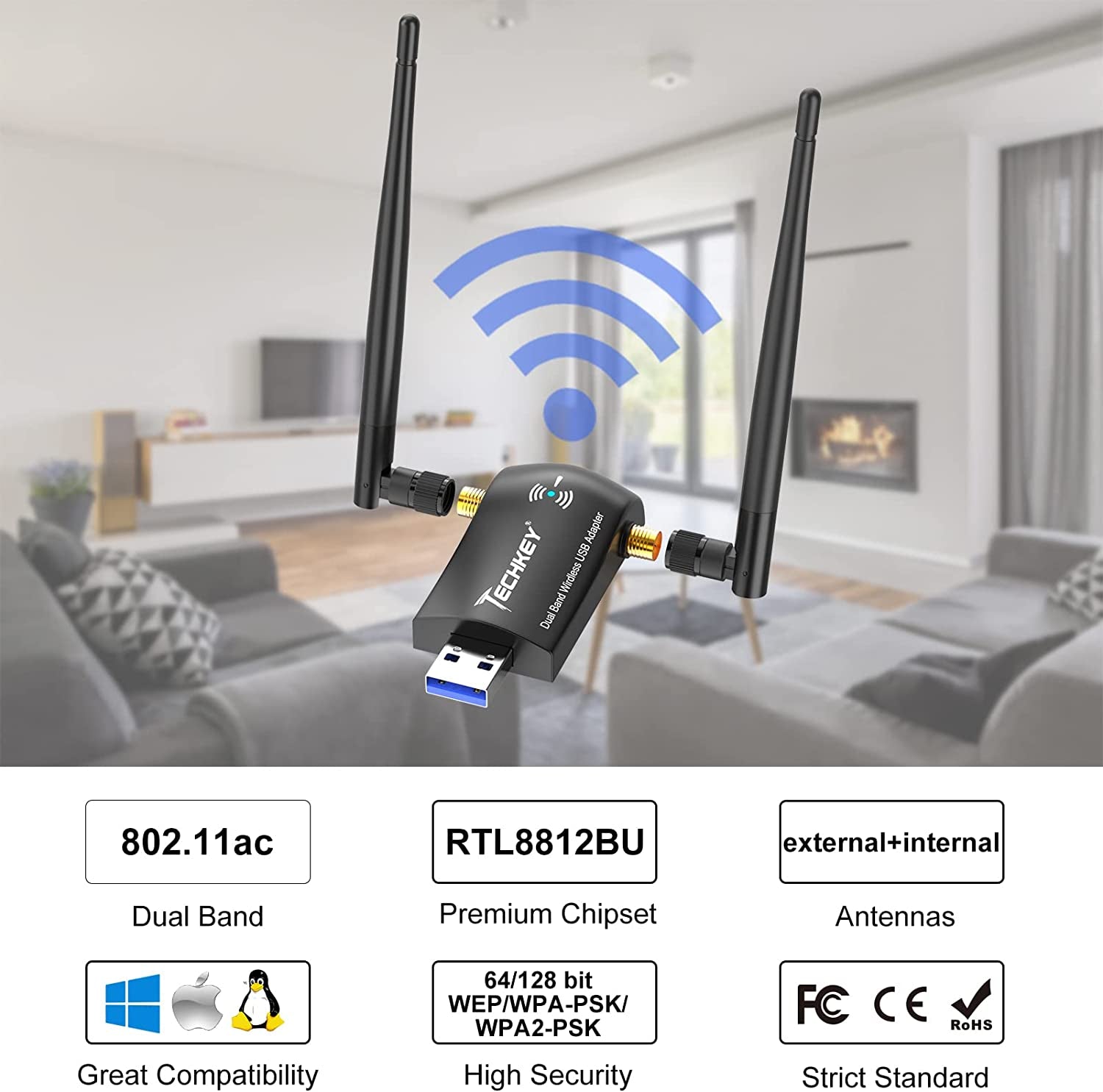 USB WiFi Adapter for PC: AC1200Mbps Dual-Band Connectivity - 2.42GHz/300Mbps and 5.8GHz/867Mbps, Equipped with 5dBi WiFi Antennas. Features USB 3.0 Interface for Desktops and Laptops, Compatible with Windows 10/8/7/Vista/XP, as well as Mac OS 10.9-10.15.