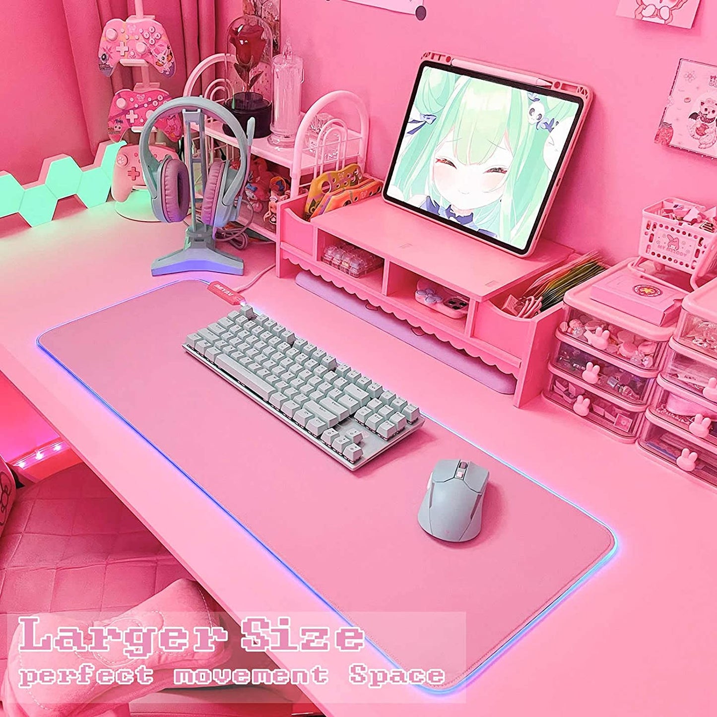 Pink RGB Gaming Mouse Pad - 31.5X12 Inch, XL Extended Size, Glowing LED Light, Non-Slip Rubber Base, Cute Design 
