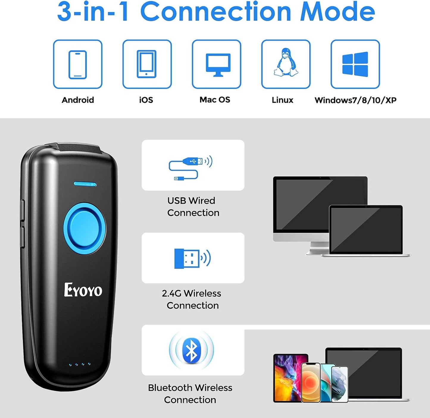 Bluetooth QR Code Scanner with Volume Adjust Button, Physical Power Switch, and 2D Bar Code Scanning Capability for Inventory Management, Compatible with Tablet, iPhone, iPad, Android, iOS, PC, and POS Systems