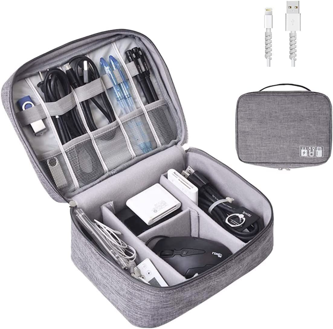 Large Travel Cable Organizer Bag for Electronics Accessories - Two-Layer Design for iPad Mini, Kindle, Hard Drives, Cables, Chargers - Grey
