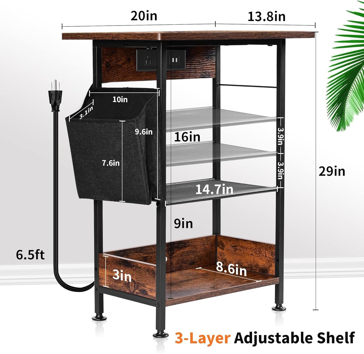 Rustic Brown 3-Tier Printer Stand with Charging Station, Height Adjustable Storage Cart with Wheels for Home Office, Kitchen, and More