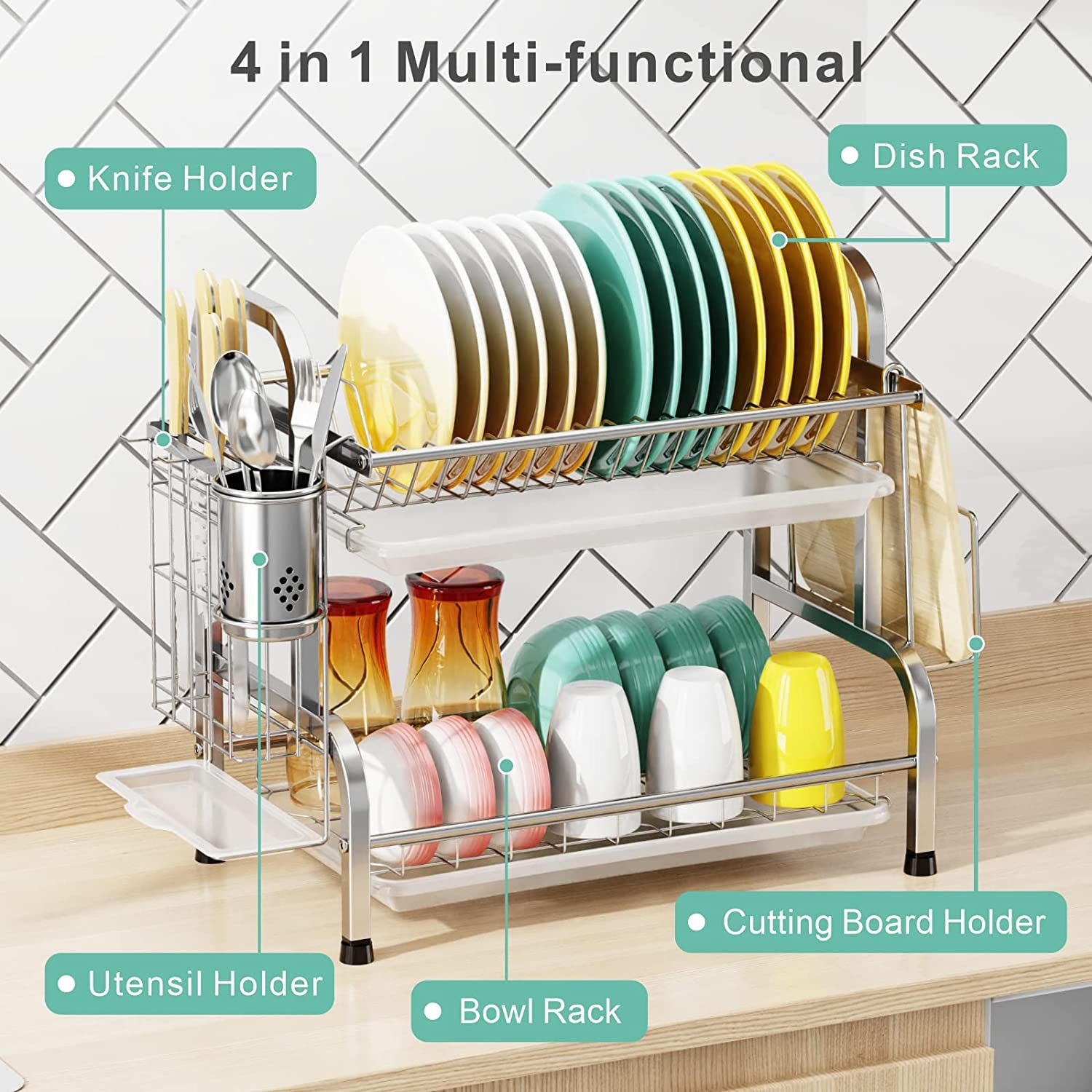 2 Tier Dish Drying Rack - Constructed from 304 Stainless Steel, Includes Drain Board, Utensil Holder, and Cutting Board Holder, Non-Rust Dish Drainer for Kitchen Counters; Silver Finish.