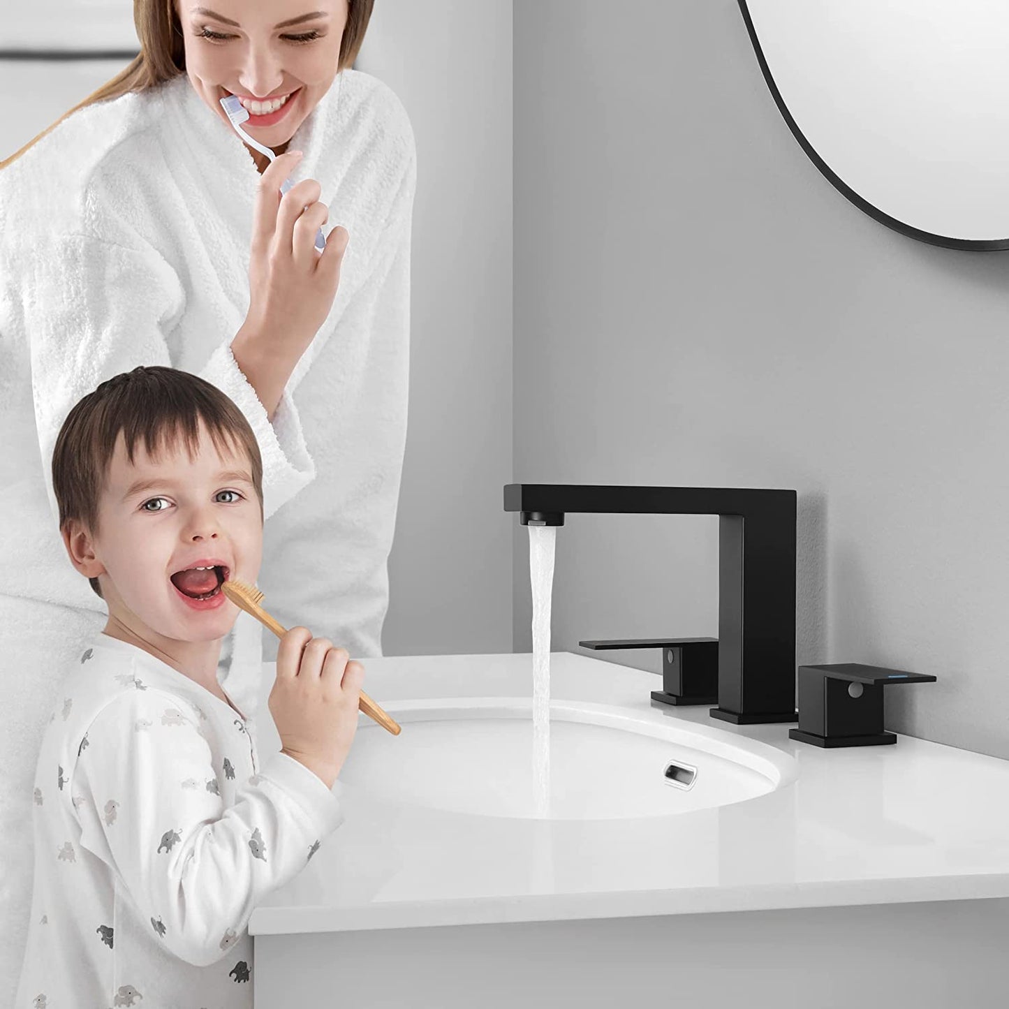 8" Matte Black Bathroom Faucet - 3 Hole Vanity Faucet Bathroom Sink Faucet with Supply Hoses SUS 304 Stainless Steel