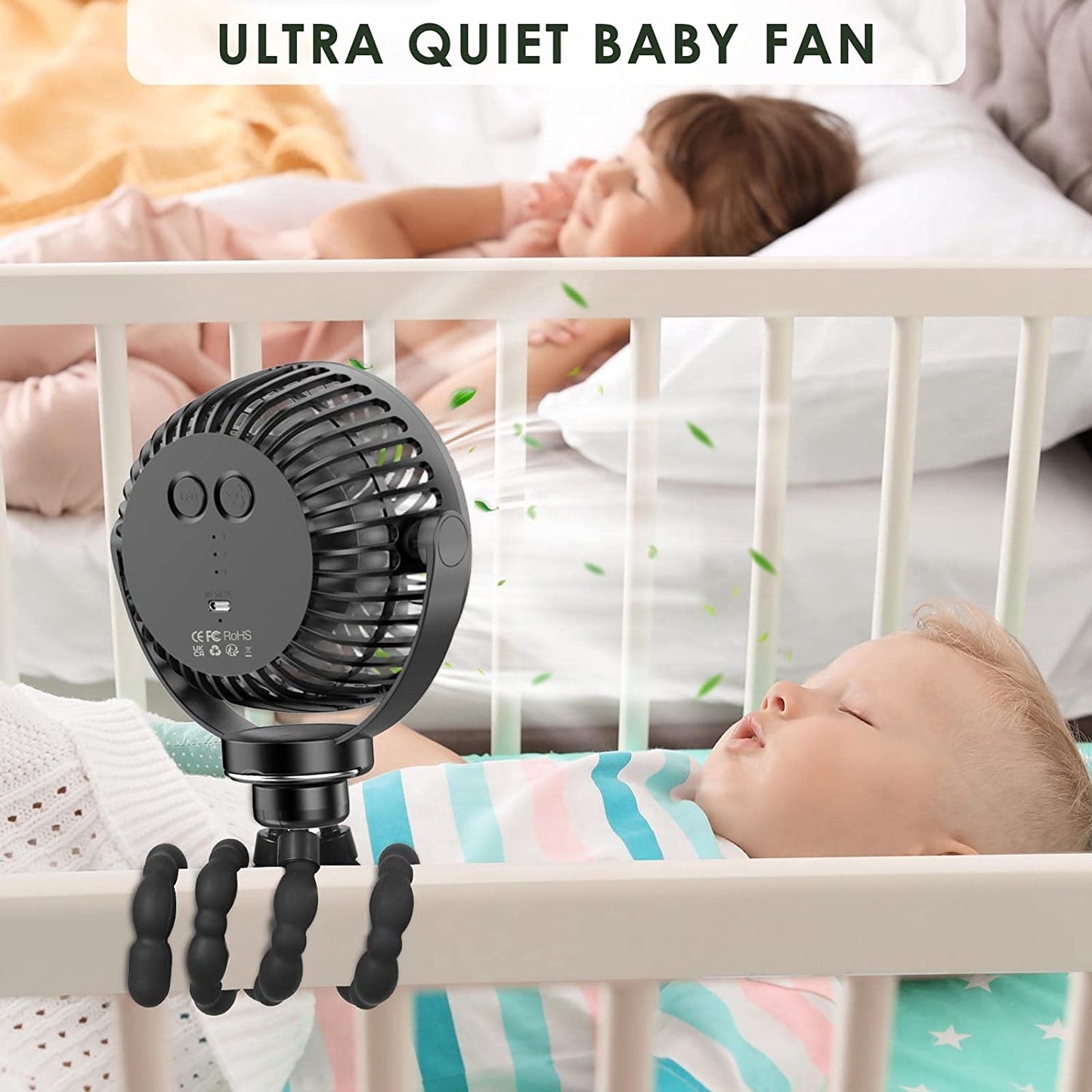 USB Rechargeable Stroller Fan with Flexible Tripod, LED Light, and Ultra Quiet Operation - Portable Personal Fan for Stroller, Car Seat, Bike, Camping, Office, and Outdoor Use