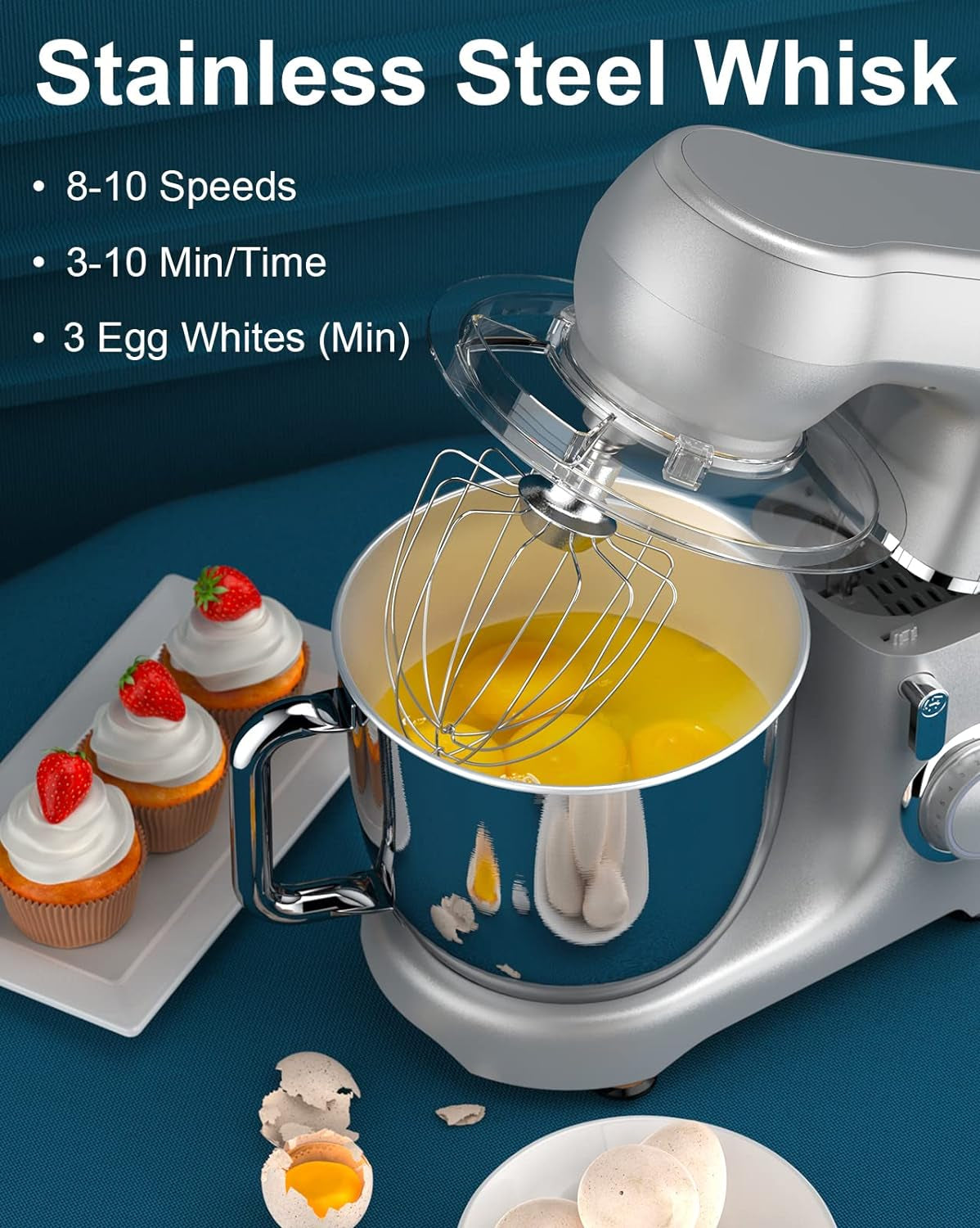 Premium 10-Speed 5.5QT Mini Angel Stand Mixer with DIY Color Stickers, Tilt-Head Design, and Multiple Attachments - Includes Dough Hook, Wire Whisk, Flat Beater, and Stainless Steel Bowl (Silver 1)