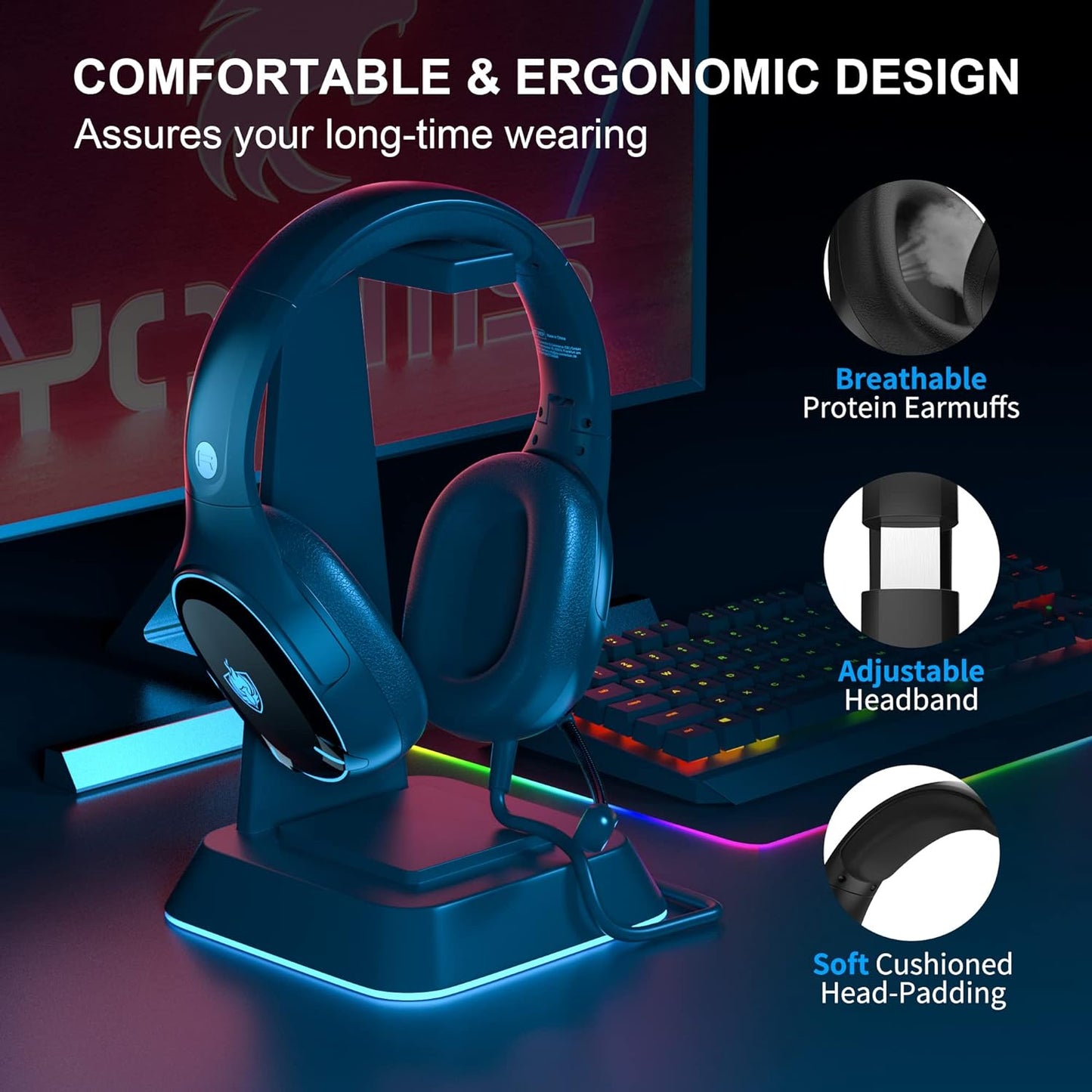Premium Gaming Headset with 7.1 Surround Sound, Noise Cancelling Mic, and LED Light - Compatible with PC, PS4, PS5, Nintendo Switch, and More (Blue)