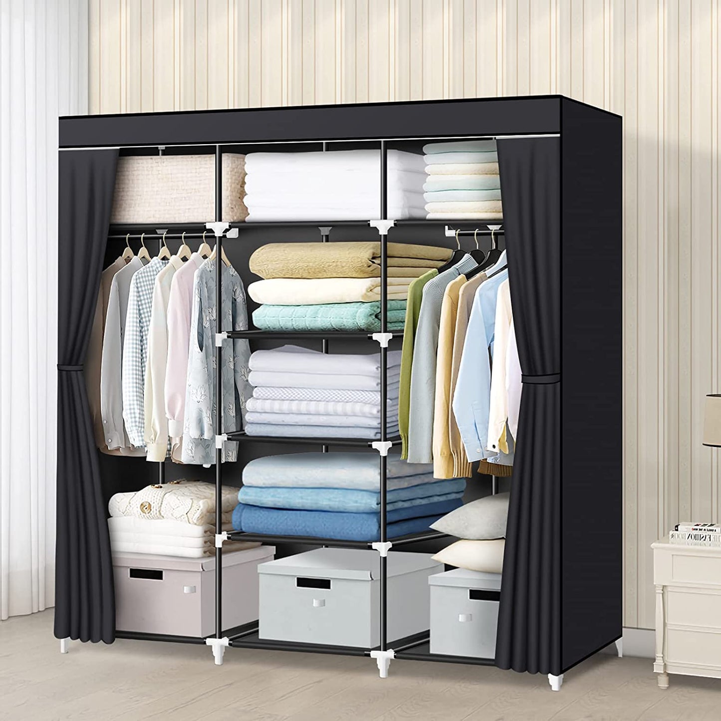 55.5 Inch Portable Wardrobe Closet: Features 2 Hanging Rods and 9 Clothes Storage Organizer Shelves. This Black Closet is Extra Durable and Quick and Easy to Assemble.