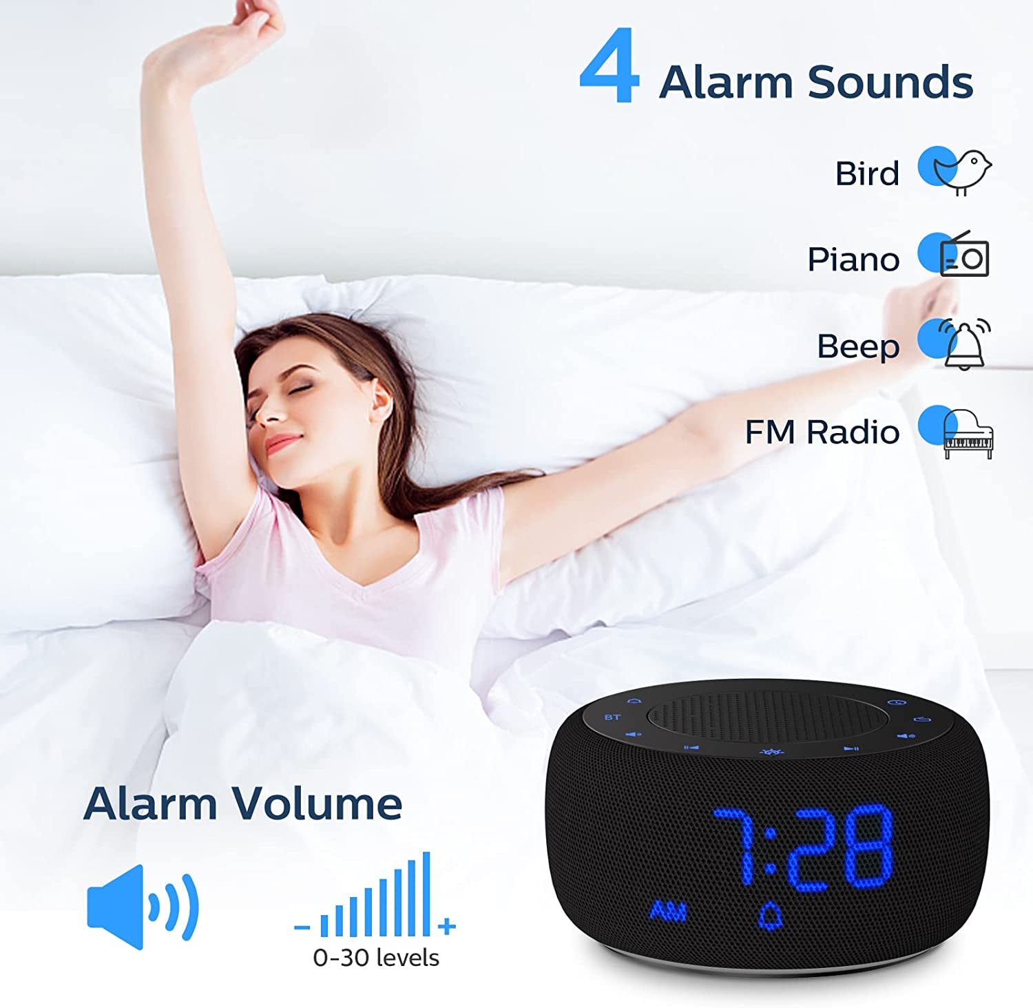 Bluetooth Speaker Alarm Clock with FM Radio - Hi-Fi Sound, Dimmable Display, Wall-Powered Alarm Clock Radio for Bedroom