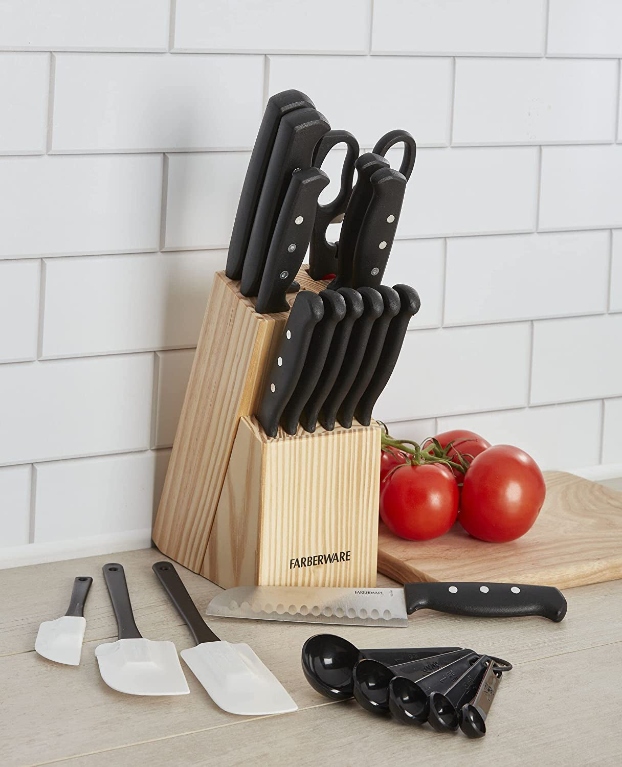 22-Piece Black Knife Block and Kitchen Tool Set: High-Carbon Stainless Steel with Triple Rivet Construction, Never Needs Sharpening.