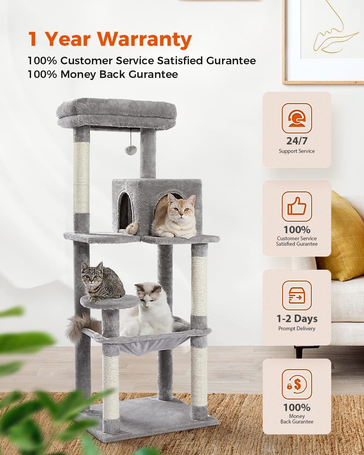 Cat Tree for Large Cats - Sturdy Metal Frame, Spacious Hammock, and Multi-Level Design - Ideal Indoor Cat Tower with Condo House, Scratching Posts, and Top Perch - 56.3" [143cm] Height - Elegant Grey Color