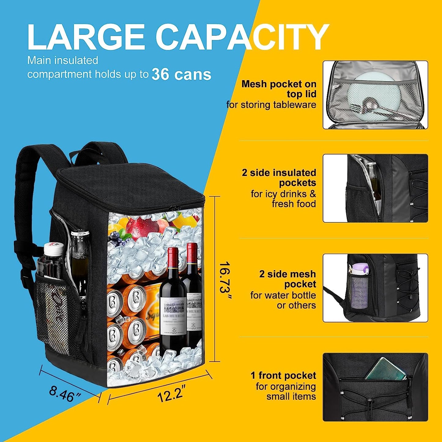 Insulated Leak-Proof Backpack Cooler for Men and Women - Waterproof Soft Cooler Bag for Camping, Hiking, Beach, Picnics, and Fishing - Holds 36/32 Cans