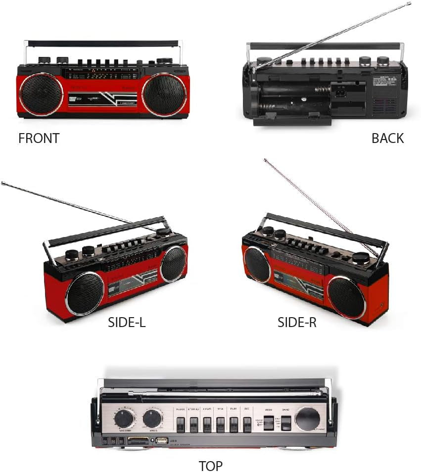  Cassette Boombox with Bluetooth, Cassette Player and Recorder, AM/FM/SW-1-SW2 Radio, USB, SD - Retro Blue, RED