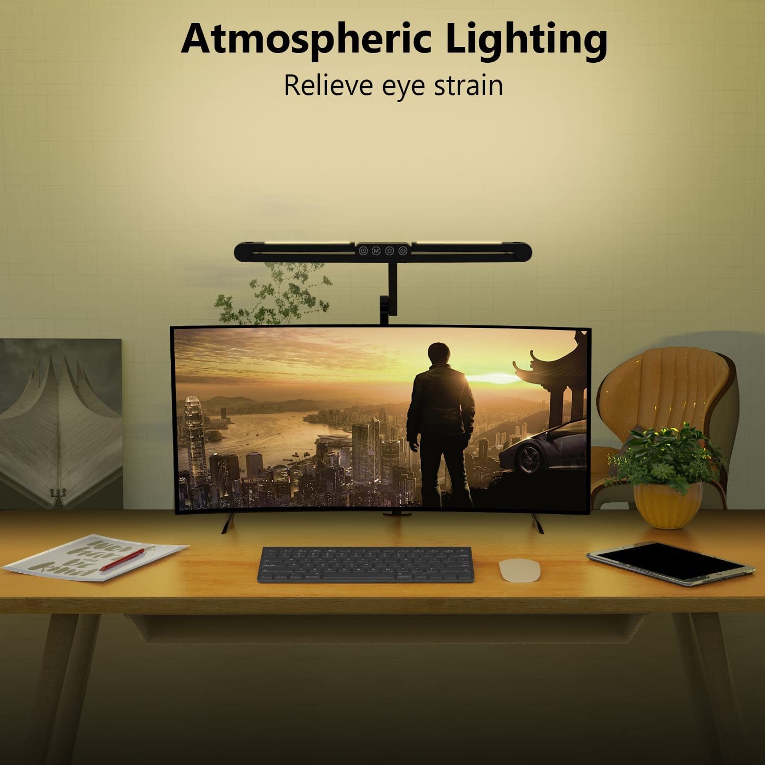 Architect Desk Lamp: LED Desk Lamp with Clamp for Home Office, Featuring Atmosphere Lighting, 24W Ultra Bright Auto Dimming, Stepless Dimming, and Tempering LED Table Light