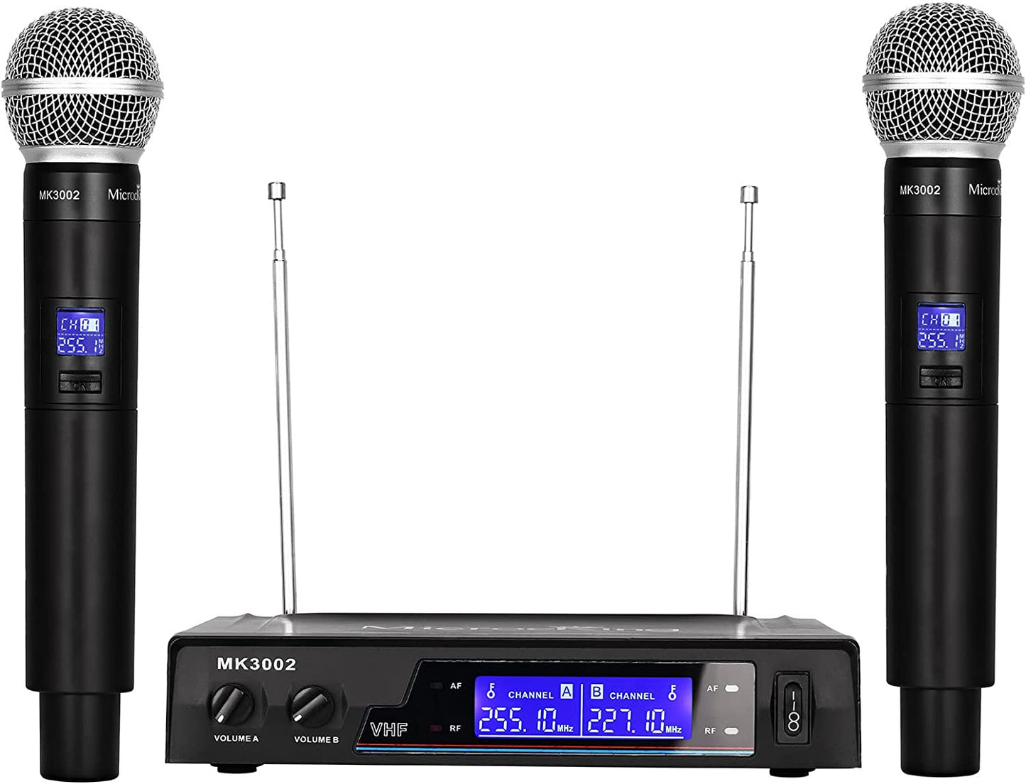 Wireless Microphone System with Dynamic Handheld Microphones - Offers an Operating Range of 150-260 Feet and up to 16 Hours of Continuous Use. Ideal for Karaoke, Parties, DJing, Church Services, Weddings, and Indoor/Outdoor Activities.