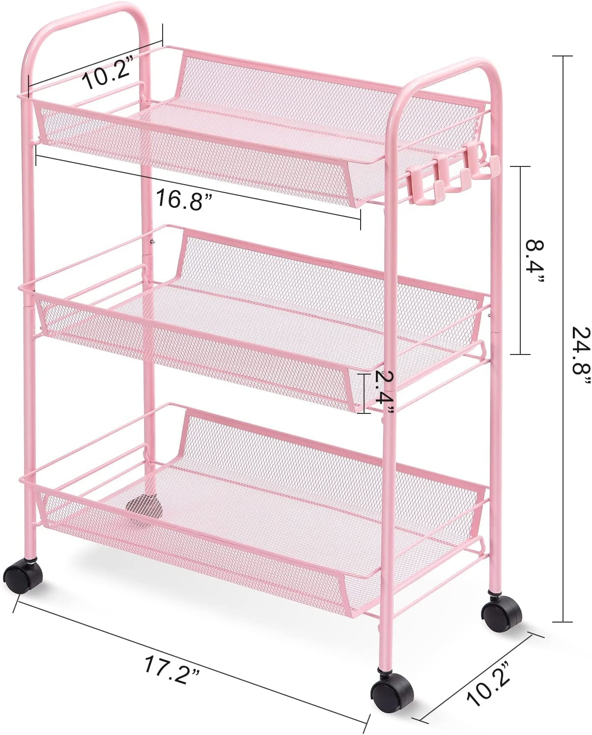 Pink 3-Tier Rolling Cart - Easy-to-Assemble Mobile Storage Trolley with Wheels, Ideal for Kitchen, Bathroom, Laundry Room, and More.