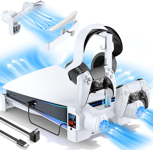 Playstation 5 (PS5) Horizontal Stand with 3-Level Cooling Fans - Enhanced Cooling Solution for PS5 Console, Controller Charging Station Designed for PS5 Edge Controller, PS5 Cooling Station with Headset Holder