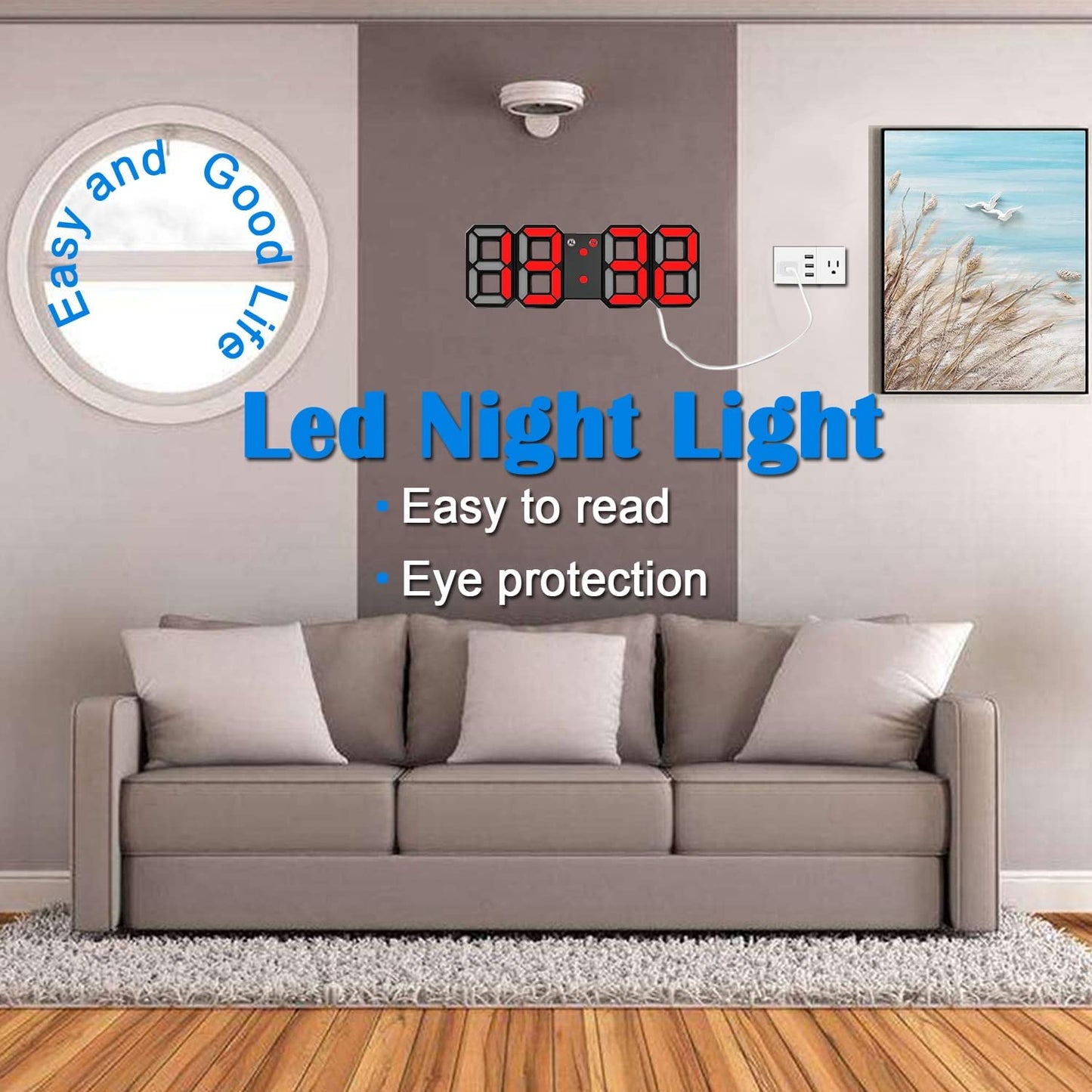 3D LED Night Light Digital Alarm Clock - 8.4" Clock for Bedrooms with Dimmer, 12/24H, Snooze - Ideal for Office, Bedroom, Nightstand, and Desk - Black/Red
