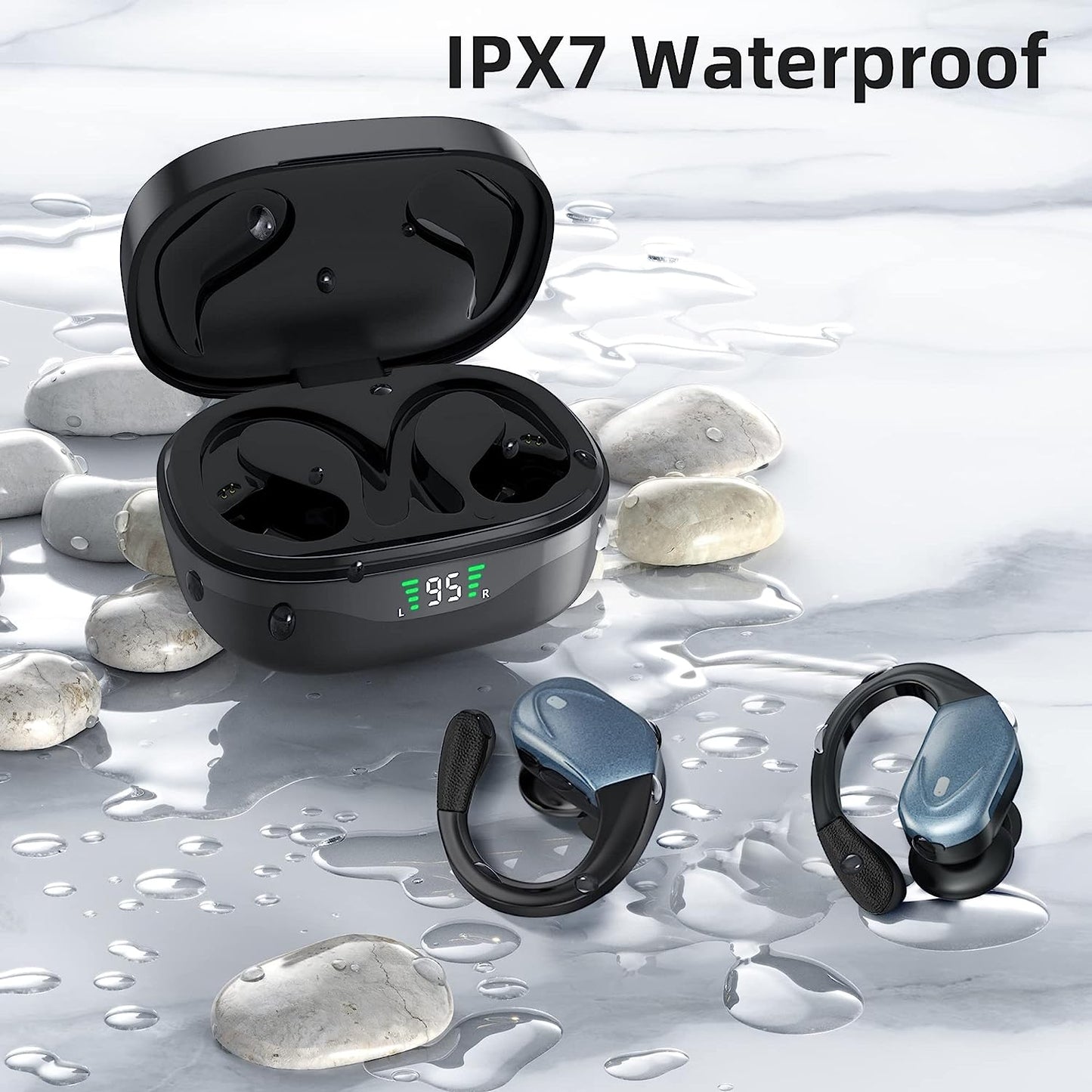 Wireless Earbuds with Bluetooth 5.3, Over-Ear IPX7 Waterproof, 60Hrs Playback, HD Stereo Audio, LED Display, Earhooks, and Mic - Ideal for Sports, Running, Workout, and Gym.