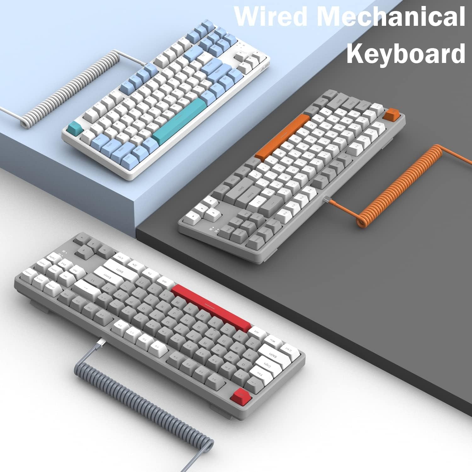 AK873 Wired 87 Key TKL Mechanical Gaming Keyboard - Rainbow Backlit, Hot-Swap Linear Red Switch, NKRO, Gasket, Custom Coiled Aviator USB-C to USB-A Cable. Designed for Win, PC, Mac, PS4, Switch, Xbox Gamers White Grey