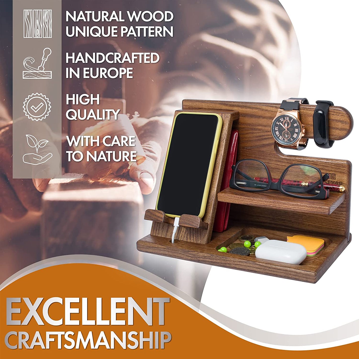  Wood Phone Docking Station - Nightstand Desk Organizer 