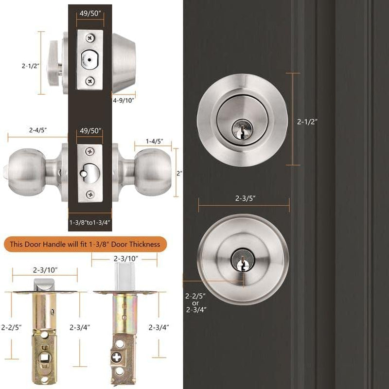 Entry Door Knob and Deadbolt Lock Set - Includes 3 Sets of Handlesets with Single Cylinder Deadbolts Keyed Alike. Suitable for Right or Left-Handed Doors, for both Exterior and Interior Use.