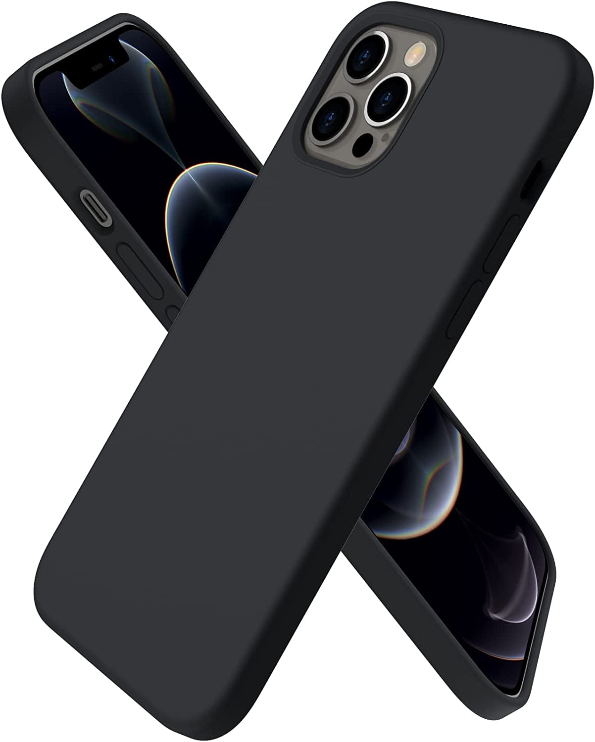 iPhone 12 / iPhone 12 Pro Case - Slim liquid silicone, 3-layer full coverage soft gel rubber case. Black.