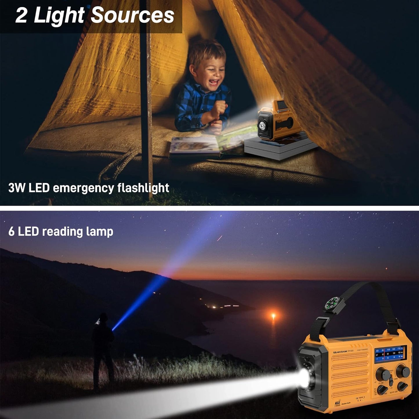 Portable AM/FM/NOAA Weather Radio with Solar Panel, Hand Crank, USB Charging, LED Flashlight, Reading Lamp, SOS, Compass - Ideal for Emergency Situations and Power Outages