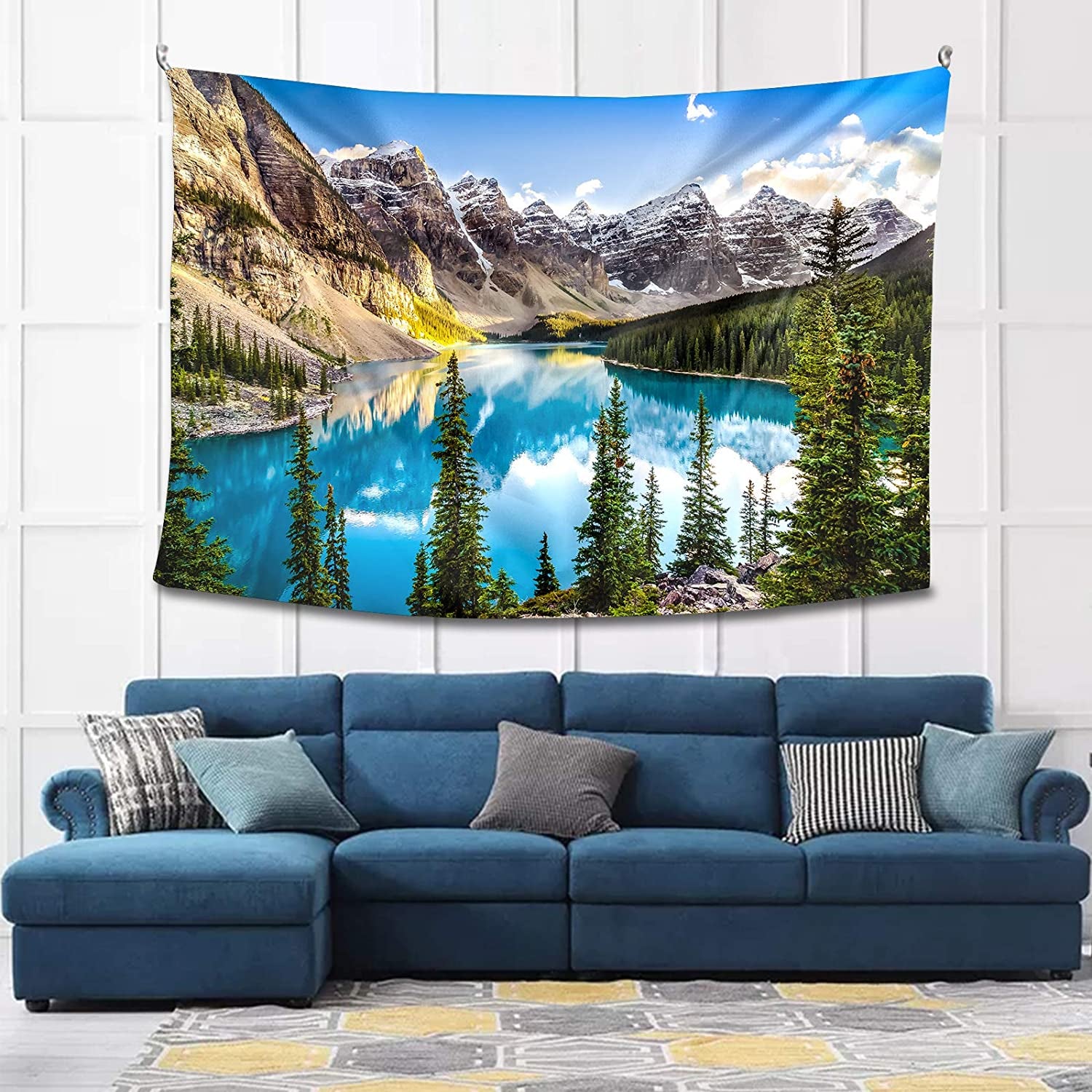 Moraine Lake Sunset Landscape Tapestry - 59.1x78.7 Inch Forest & Mountain Range Wall Hanging